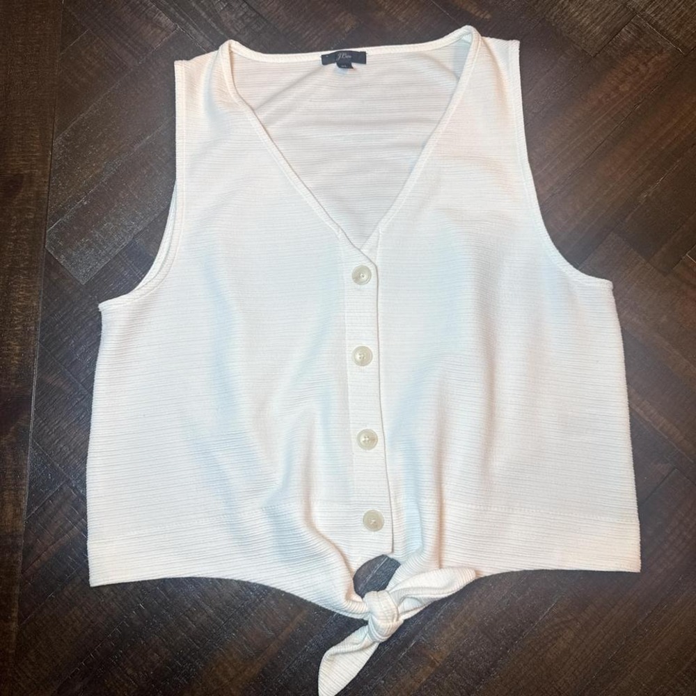 J.Crew Tie Front Button Tank XL White Ruched Back Summer Top